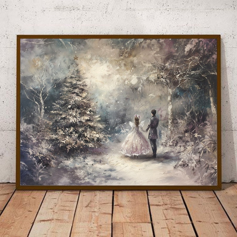 May include: A watercolor painting of a couple standing in a snowy forest. The couple is facing away from the viewer, and they are holding hands. There is a large, snow-covered Christmas tree in the background.