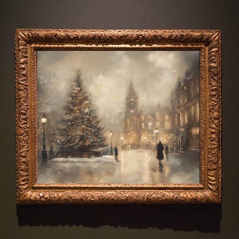 May include: A painting of a snowy city street scene with a large Christmas tree in the foreground. The street is lined with buildings, including a church with a clock tower. People are walking on the street, and there are lights strung up on the buildings and the tree.