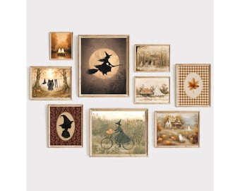 Halloween gallery set - Halloween wall art, autumn home decor, fall hosting decor,  halloween printables, witch art, digital download