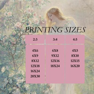 May include: An ethereal artwork featuring a woman in a flowing gown amidst a floral landscape. The image includes a chart of print sizes, such as 4x6, 6x9, 8x12, 12x18, 16x24, and 20x30 inches, in 2:3, 3:4, and 4:5 aspect ratios.