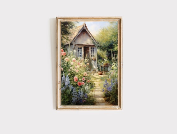 English cottage garden print, cottagecore art, antique flower painting, Vintage wall decor, quintessential english cottage, Digital download