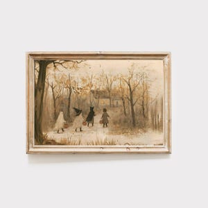 Puede incluir: Un cuadro de paisaje enmarcado en tonos sepia que representa a cuatro figuras disfrazadas caminando por un sendero hacia una casa en una zona boscosa. Las figuras incluyen un fantasma, una bruja y otros que llevan cubos naranjas.