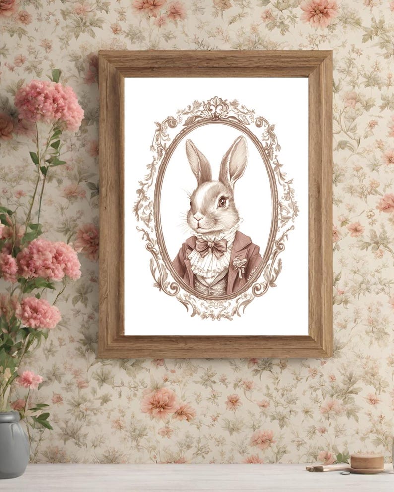 May include: A framed illustration of a rabbit wearing a suit and bow tie. The rabbit is in an ornate oval frame with a white background.