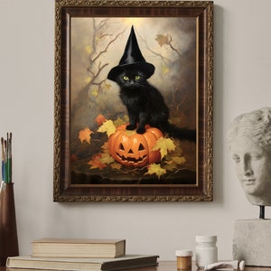 May include: A black cat wearing a witch's hat sits on top of a carved pumpkin. The cat has green eyes and is looking directly at the viewer. The pumpkin is orange and has a carved jack-o'-lantern face. The background is a dark forest scene with leaves on the ground.