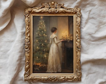 Stampa artistica vintage con albero di Natale, Natale vittoriano, decorazioni murali per le feste, arte natalizia in stile cottagecore. Download digitale stampabile.