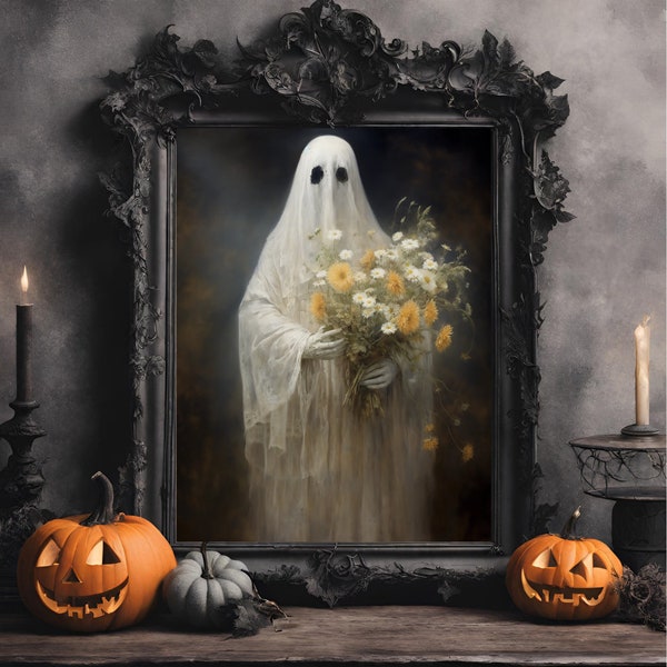 Halloween Ghost Holding Flowers Art, Cottagecore Wall Decor, Dark Academia Aesthetic, Unique Halloween Gift. Digital download