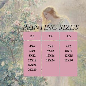 May include: A digital art print with a soft, pastel color palette. The image features a woman in a flowing gown amidst a floral landscape. Text overlay indicates available print sizes, including 4x6, 6x8, and 4x5 inches.