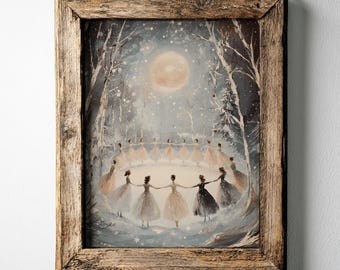 Könnte beinhalten: Ein rechteckiges Wandbild mit einem Gemälde von Figuren in hellen Kleidern, die sich in einem verschneiten Wald unter einem Vollmond an den Händen halten. Das Kunstwerk ist in einem rustikalen, verwitterten braunen Holzrahmen eingefasst.