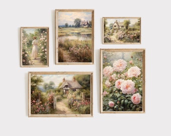 Cottagecore Flower Meadow prints, coquette collage, Botanical Art, coquette room decor, landscape english countryside. digital download