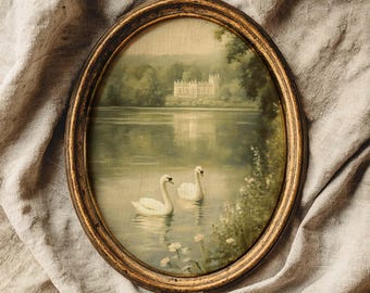May include: Oval framed painting featuring two white swans on a lake with a castle in the background. The painting has a vintage aesthetic with a gold-colored frame. The artwork is a landscape scene with a serene and tranquil atmosphere.