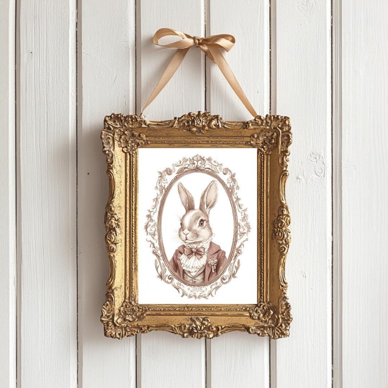 May include: A framed print of a rabbit wearing a waistcoat and bow tie. The rabbit is surrounded by a decorative floral frame. The frame is gold and has a distressed finish.