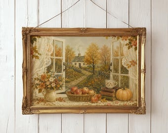Fall cottage window print, cosy farmhouse autumn print, fall reading nook decor, halloween printable, cottagecore fall art, digital download