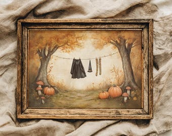PHYSICAL PRINT Halloween witches laundry art print, whimsigoth halloween decor, fall hosting decor, spooky decor, vintage halloween art