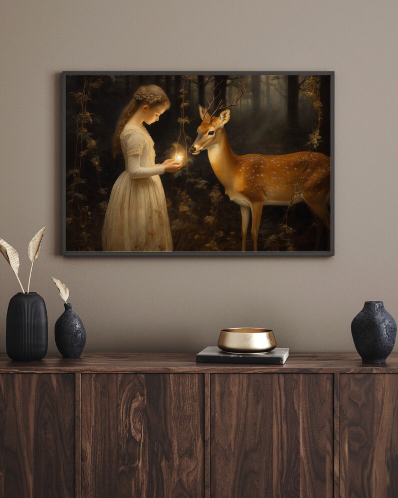 Whimsical Woodland Dark Academia Art, Cottagecore Deer Print, Rustic Wall Decor, Nature Inspired Gift. Digital Download. image 3