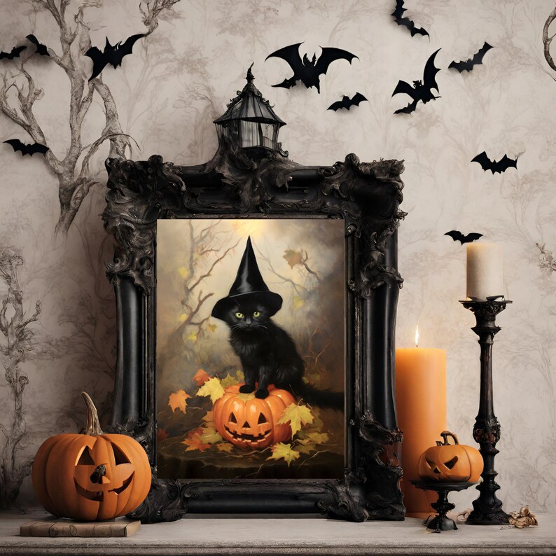 May include: A black cat wearing a witch's hat sits on top of a carved pumpkin. The cat and pumpkin are in a framed painting with a dark wood frame. The painting is surrounded by bats and candles.