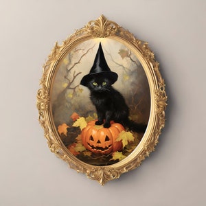 May include: A black cat wearing a witch's hat sits on top of a carved pumpkin. The cat is looking directly at the viewer. The pumpkin is orange and has a traditional jack-o'-lantern face. The background is a painting of a forest scene with fall leaves.