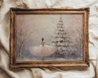 May include: A framed painting depicting a figure in a pale pink dress standing in a snowy landscape with a large, snow-covered evergreen tree. The artwork is enclosed in an ornate, antique-style gold frame with intricate carved detailing.