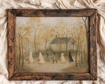 Halloween trick or treat art print, autumn wall print, vintage halloween print decor, cosy farmhouse fall hosting decor, digital download