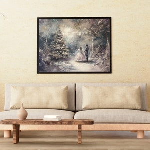 May include: A framed watercolor painting depicting a couple walking through a snowy forest. The painting features a light blue sky with a bright white sun shining through the trees. The couple is dressed in winter clothing and is walking towards a large tree in the distance.