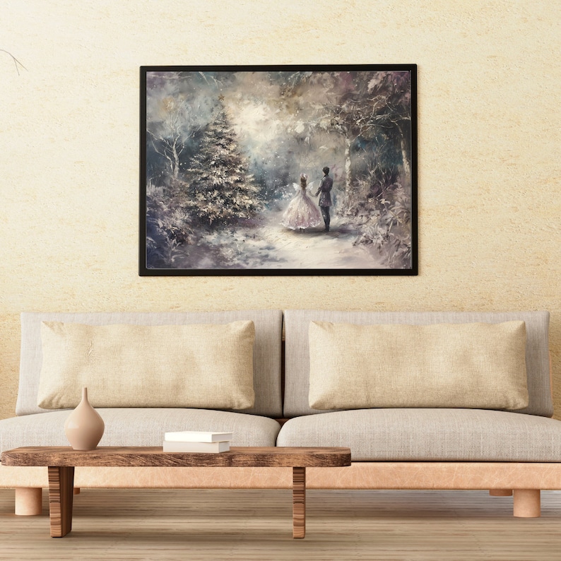May include: A framed watercolor painting depicting a couple walking through a snowy forest. The painting features a light blue sky with a bright white sun shining through the trees. The couple is dressed in winter clothing and is walking towards a large tree in the distance.