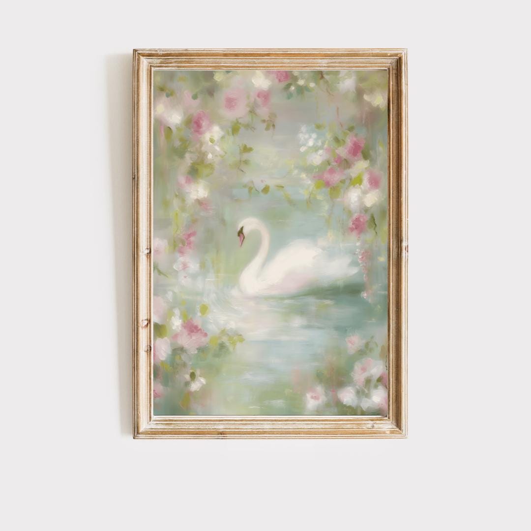 Coquette Swan Wall Art Print, Cottagecore Wall Decor, Swan Oil Painting ...