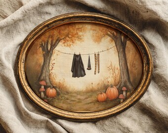 Halloween witches laundry art print, whimsigoth halloween decor, fall hosting decor, spooky decor, vintage halloween art, digital download