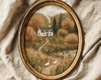 Cosy fall hosting decor geese and cottage print, autumn rustic wall decor, vintage fall art print, farmhouse autumn print, digital download