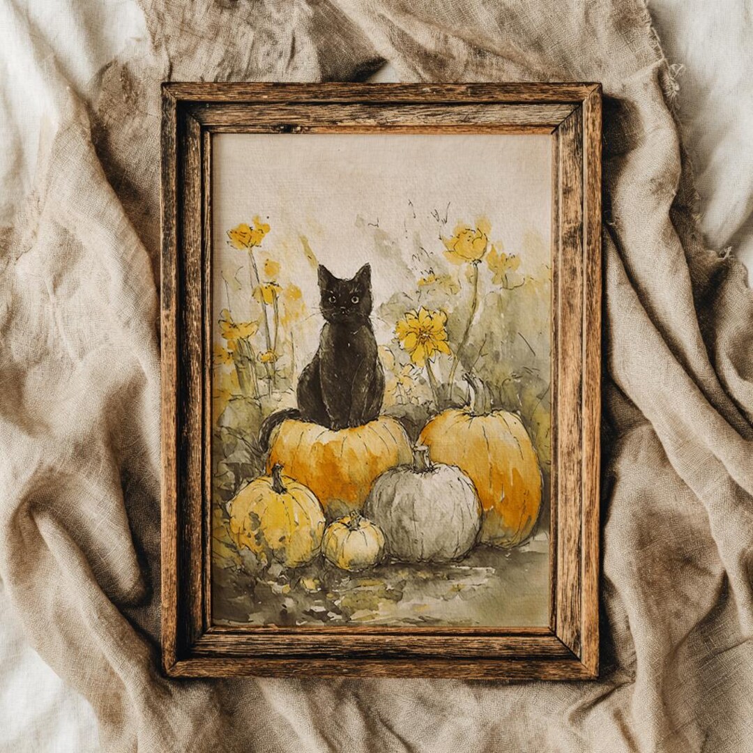 PHYSICAL PRINT Pumpkin and Black Cat Print, Halloween Wall Decor ...