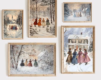 Little women winter gallery set, cottagecore art, victorian christmas, christmas hosting decor, little women poster, digital download