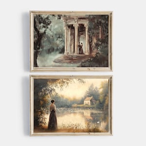 Puede incluir: Dos pinturas de paisaje vintage enmarcadas. La pintura superior representa una estructura clásica con figuras, mientras que la inferior muestra a una mujer junto a un lago con una pequeña casa. Ambas pinturas tienen una paleta de colores suaves y apagados.