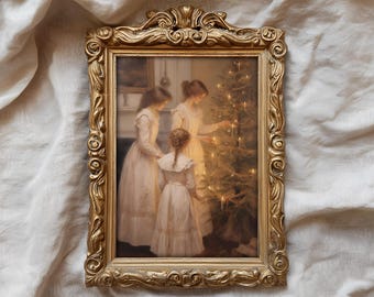 Christmas Tree Print Victorian Christmas art, Holiday Wall Art, Vintage Christmas oil painting, little women, Printable digital download