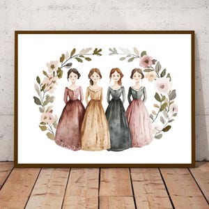 May include: Watercolor print of four women in long dresses, framed in a brown wooden frame. The women are surrounded by a floral wreath. The dresses are in shades of pink, gold, and gray.