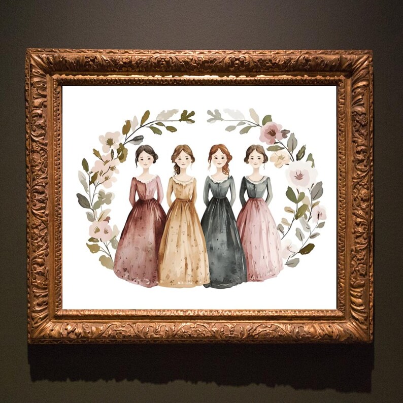 May include: Watercolor print of four women in long dresses, framed in a gold ornate frame. The women are surrounded by a floral wreath with pink and white flowers and green leaves. The dresses are in shades of pink, gold, and gray.