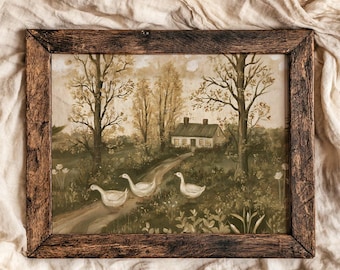 Cosy fall hosting decor geese and cottage print, autumn rustic wall decor, vintage fall art print, halloween printables, digital download