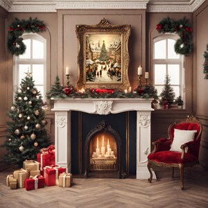 May include: A festive Christmas scene featuring a decorated tree, gifts, and a fireplace adorned with candles and garland. A framed painting hangs above the mantel, and a red chair sits nearby. The room is decorated with wreaths and ornaments, creating a warm holiday atmosphere.