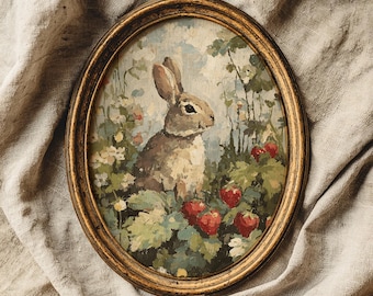 春のウサギのアートプリント、ダークアカデミアコテージコアの森の動物アート、イチゴとウサギのプリント、春のホスティングデコレーション、デジタルダウンロード