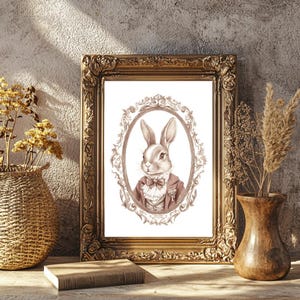 May include: A vintage-style illustration of a rabbit wearing a bow tie and a waistcoat, framed in a gold ornate frame.