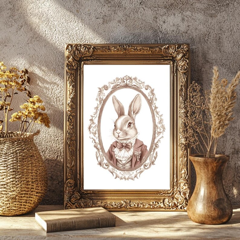May include: A vintage-style illustration of a rabbit wearing a bow tie and a waistcoat, framed in a gold ornate frame.