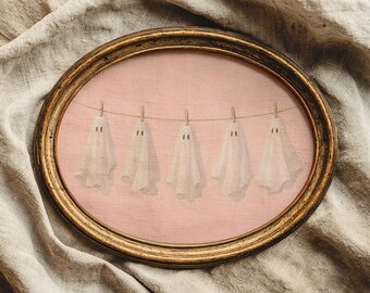 Halloween pink ghost washing line print, whimsigoth halloween decor, fall hosting decor, spooky decor, pinkoween art, DIGITAL DOWNLOAD