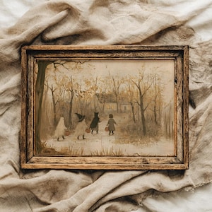 Puede incluir: Un marco de madera rectangular que contiene una pintura en tonos sepia de cuatro figuras disfrazadas caminando por un sendero boscoso hacia una casa. Las figuras incluyen dos fantasmas, una bruja y un ni&ntilde;o, todos cargando cubos naranjas.