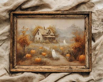 PHYSICAL PRINT Halloween ghost and pumpkin patch print, fall hosting decor, spooky wall art, ghost print, vintage halloween art