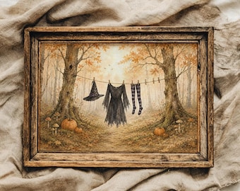 PHYSICAL PRINT Halloween witches laundry art print, whimsigoth halloween decor, fall hosting decor, spooky decor, vintage halloween art