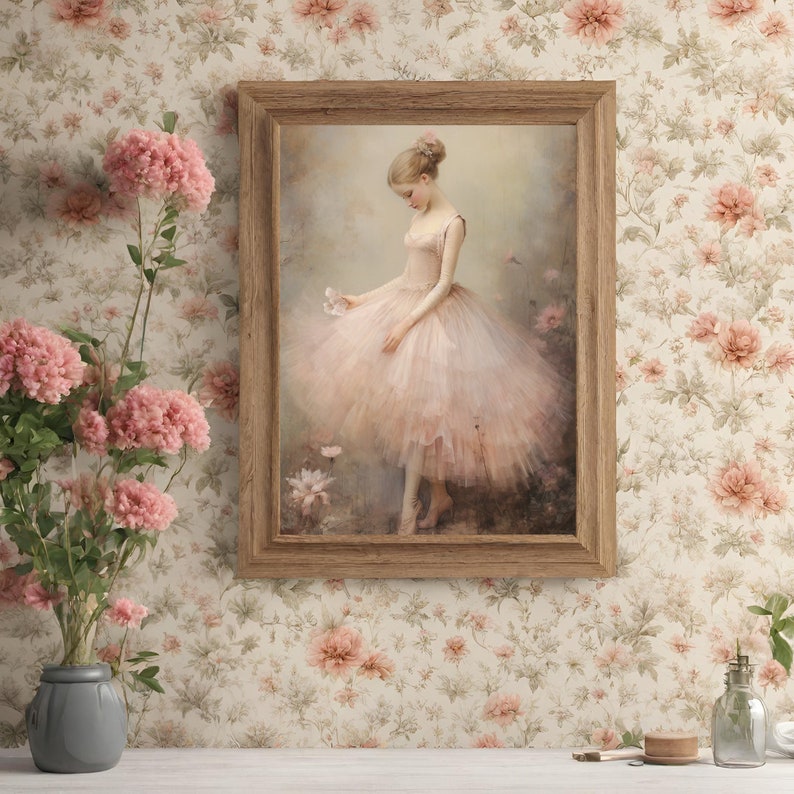 Coquette ballerina art print. Whimsical cottagecore art. balletcore, Nursery art, vintage wall decor. Printable digital art. Gift for her. image 2
