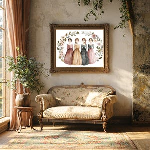 May include: A framed watercolor print featuring five women in long dresses, surrounded by a floral wreath. The artwork is displayed above a floral-patterned sofa in a room with a window and a small side table with a plant.