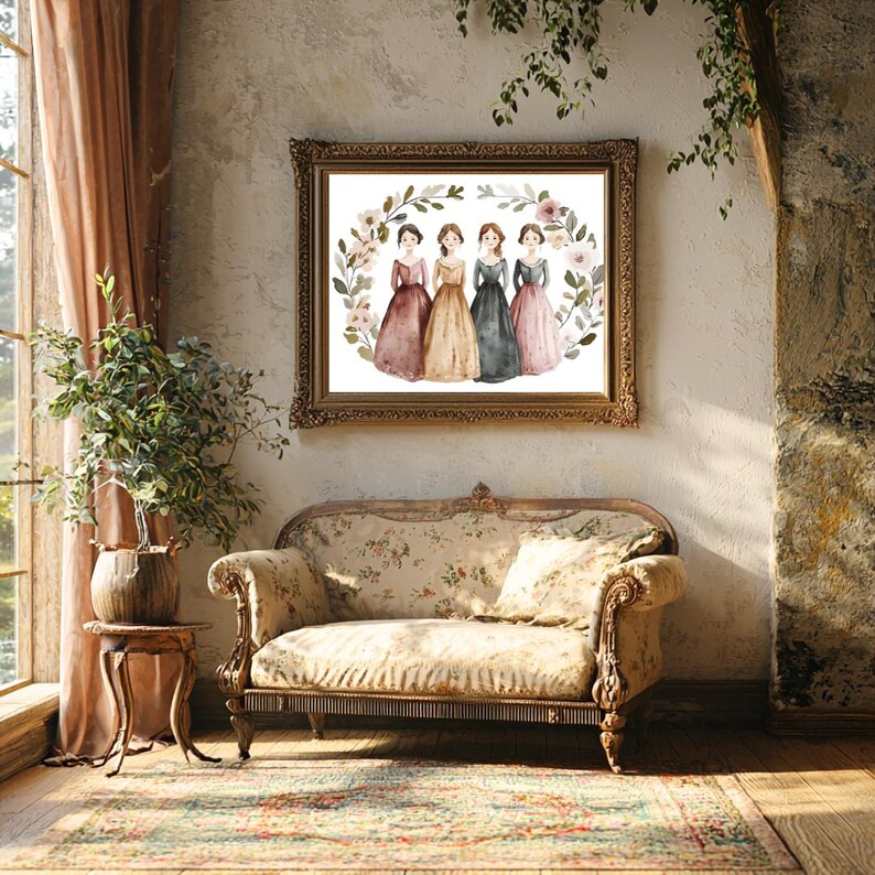 May include: A framed watercolor print featuring five women in long dresses, surrounded by a floral wreath. The artwork is displayed above a floral-patterned sofa in a room with a window and a small side table with a plant.