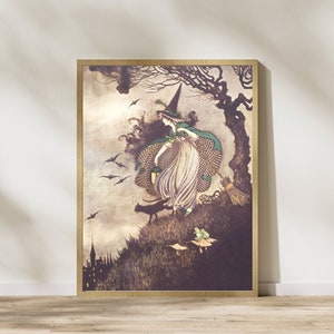 Halloween witch and cat print, fairytale halloween, whimsigoth decor, spooky decor, halloween printable, halloween art, digital download image 7