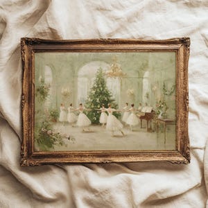 May include: A rectangular painting in an ornate, distressed gold frame depicting a group of dancers in white dresses performing in a room with a large Christmas tree, a chandelier, and a piano, rendered in soft, muted green and cream tones.