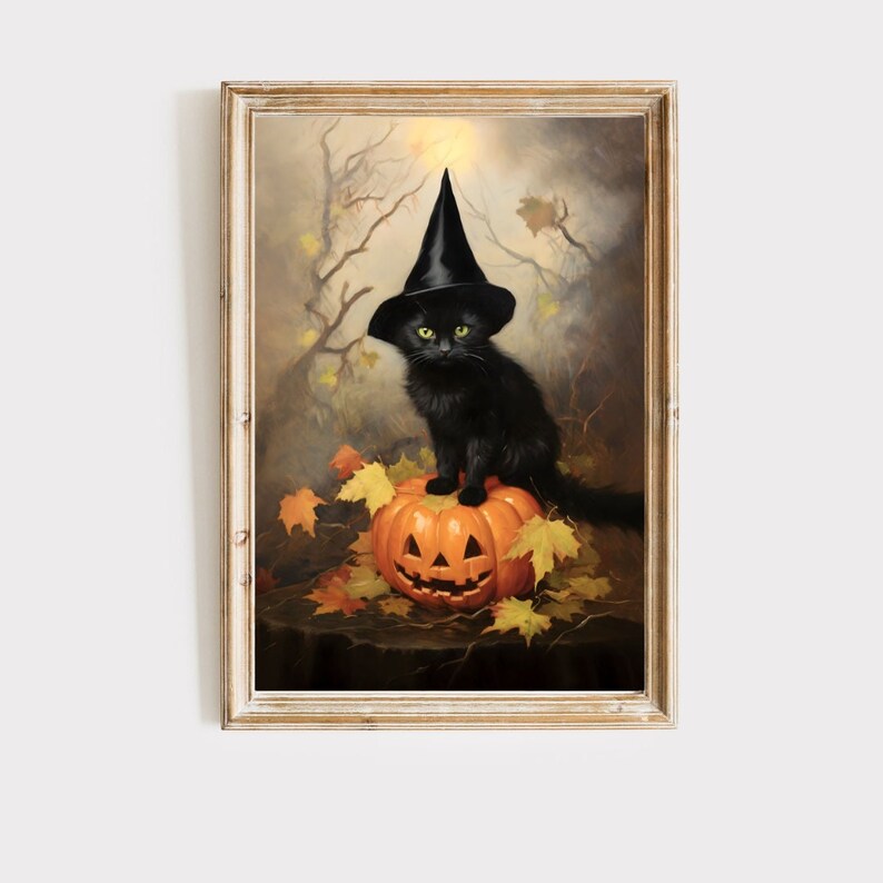 May include: A black cat wearing a witch's hat sits on top of a carved pumpkin. The cat has green eyes and is looking directly at the viewer. The pumpkin is orange and has a carved jack-o'-lantern face. The background is a dark forest with fall leaves.