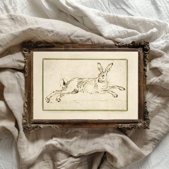 Cottagecore farmhouse hare sketch art print, rabbit art, cottagecore decor, spring hosting decor, easter art print, digital download