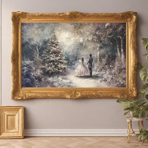 May include: A painting in a gold frame depicts a couple walking through a snowy forest. The couple is dressed in formal attire, and the woman is wearing a white dress. The forest is covered in snow, and there is a large tree in the background. The painting is set against a light gray wall.